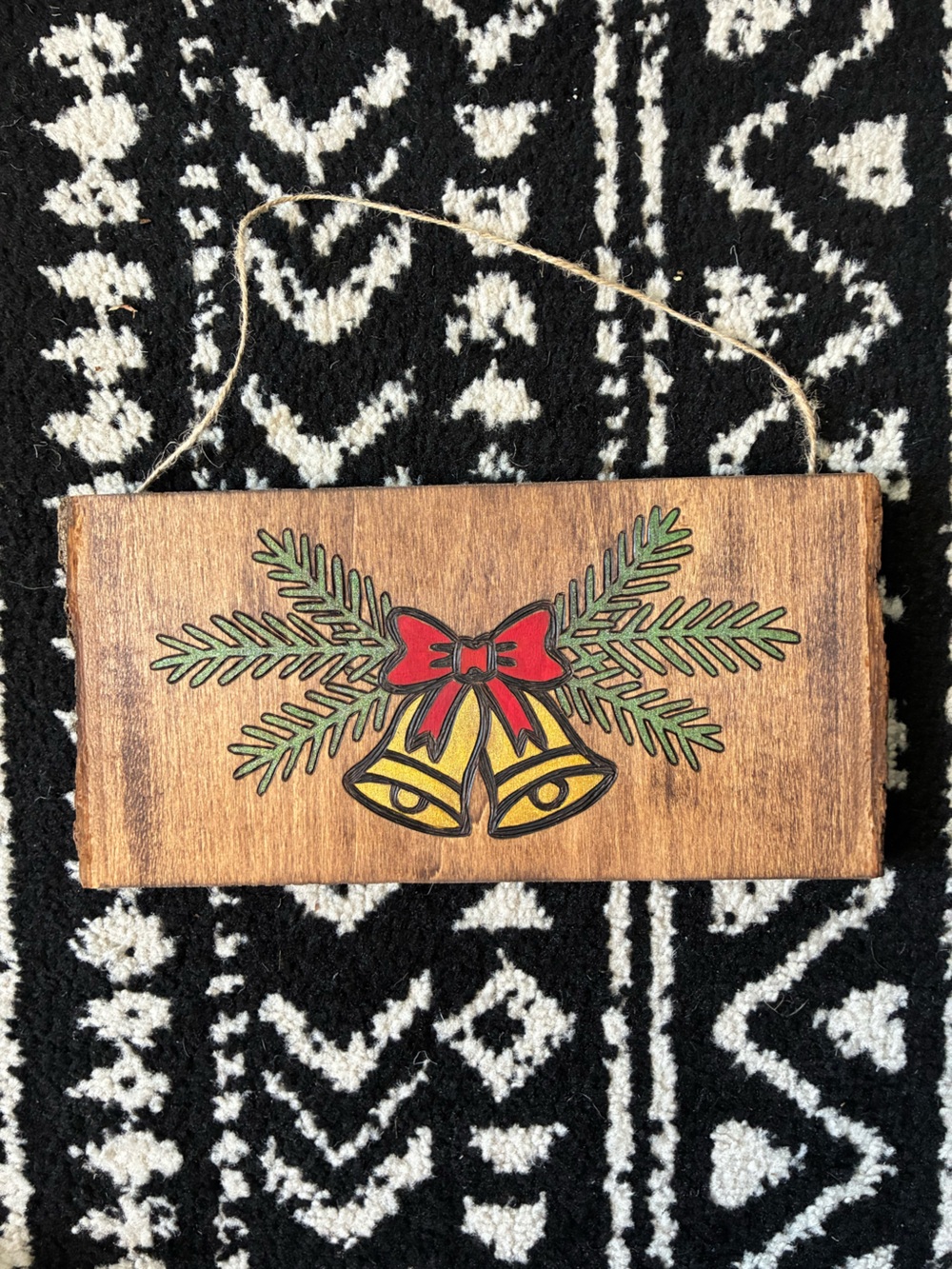 Rustic Wooden Holiday Bell Ornament with Red Bow and Green Pine